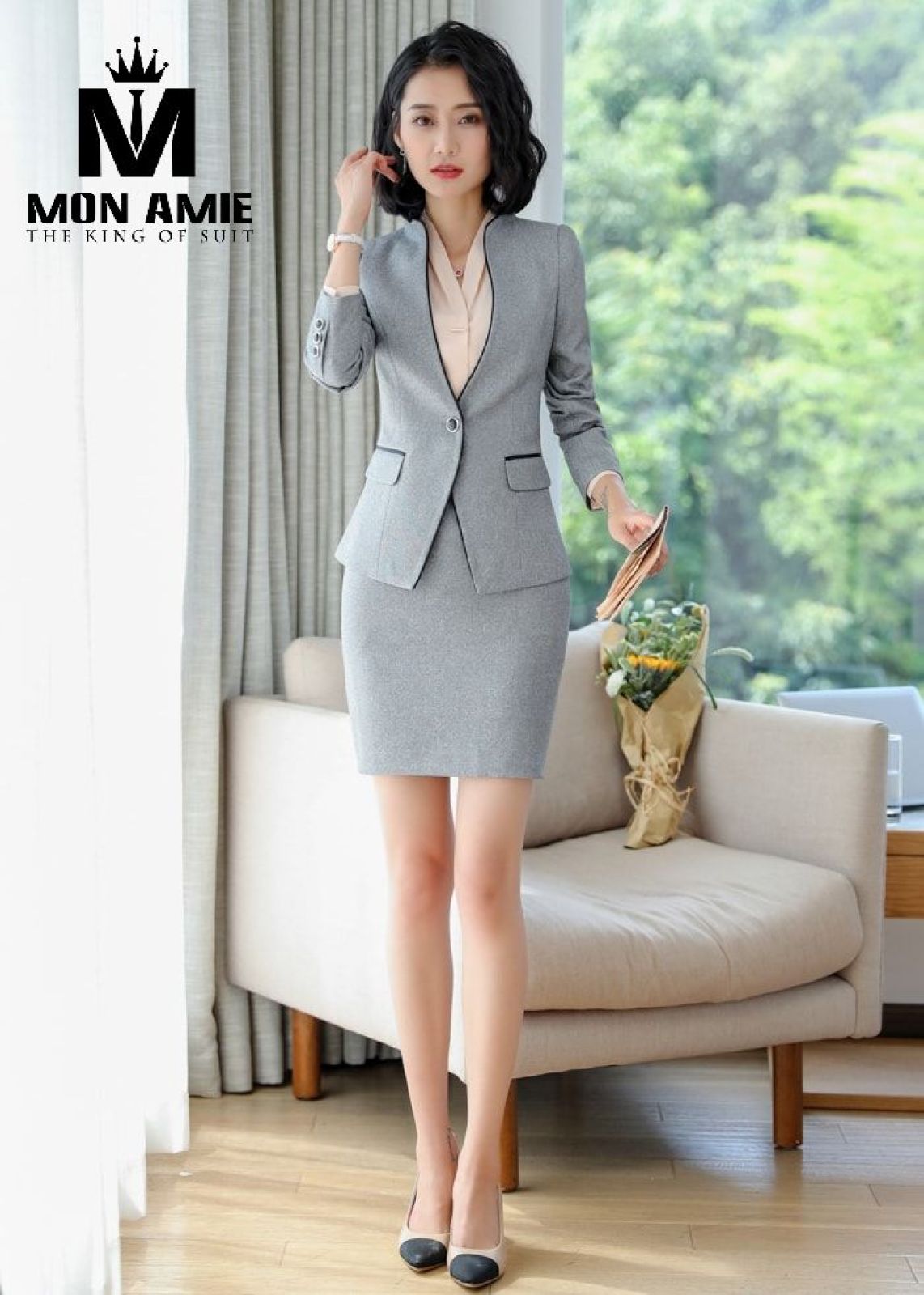 Light Grey Mandarin Suit With Tulip Skirt 